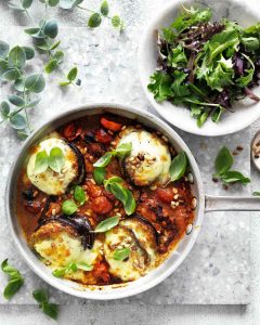 One-Pan Chicken with eggplant, mozzarella and tomato basil sauce