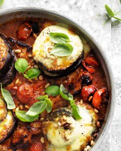 One-Pan Chicken with eggplant, mozzarella and tomato basil sauce